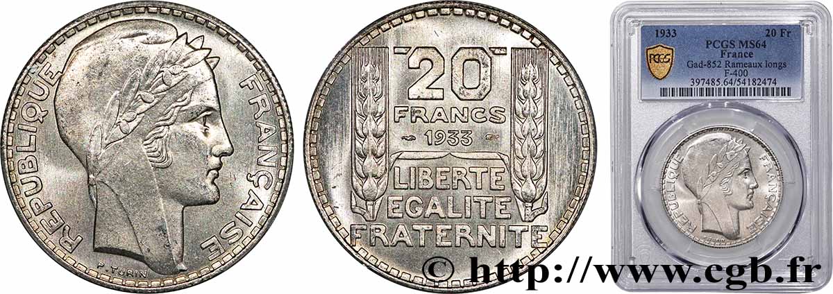 20 francs Turin, Rameaux Longs 1933  F.400/5 SPL64 PCGS