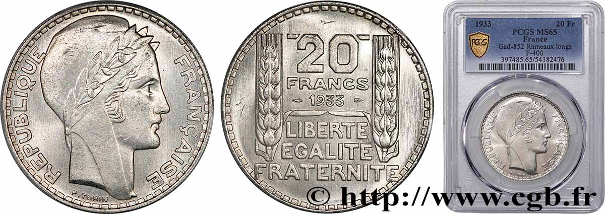 20 francs Turin, Rameaux Longs 1933  F.400/5 FDC65 PCGS