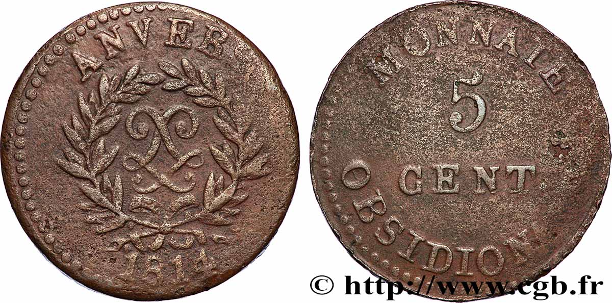 5 cent. Anvers au double L, frappe de l’arsenal de la marine, frappe monnaie 1814  Anvers F.115E/1 var. VF 