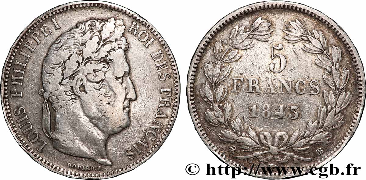 5 francs IIe type Domard 1843 Strasbourg F.324/102 VF 