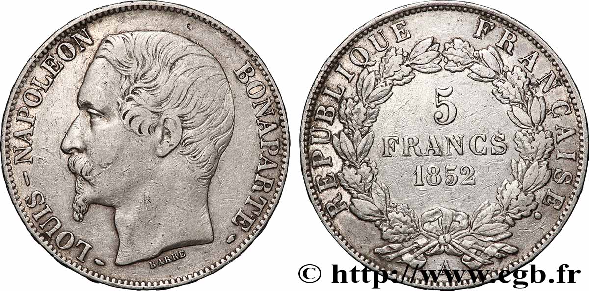5 francs Louis-Napoléon, 2ème type 1852 Paris F.329/2 TB 