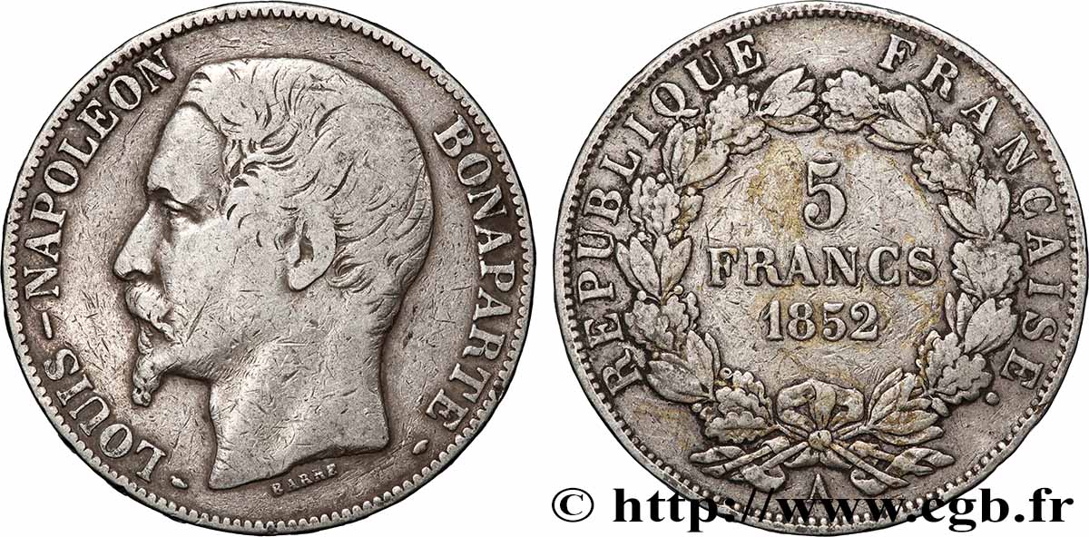 5 francs Louis-Napoléon, 2ème type 1852 Paris F.329/2 TB 
