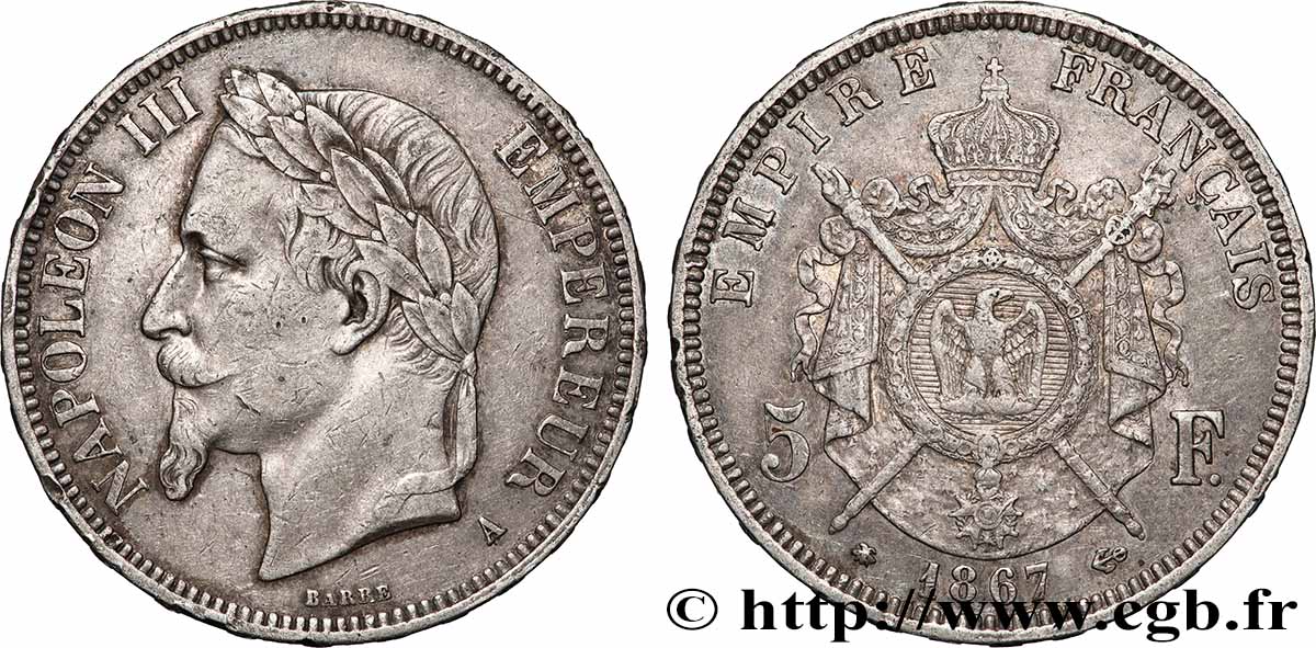 5 francs Napoléon III, tête laurée 1867 Paris F.331/10 q.BB 
