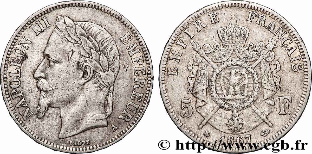 5 francs Napoléon III, tête laurée 1867 Paris F.331/10 TB+ 