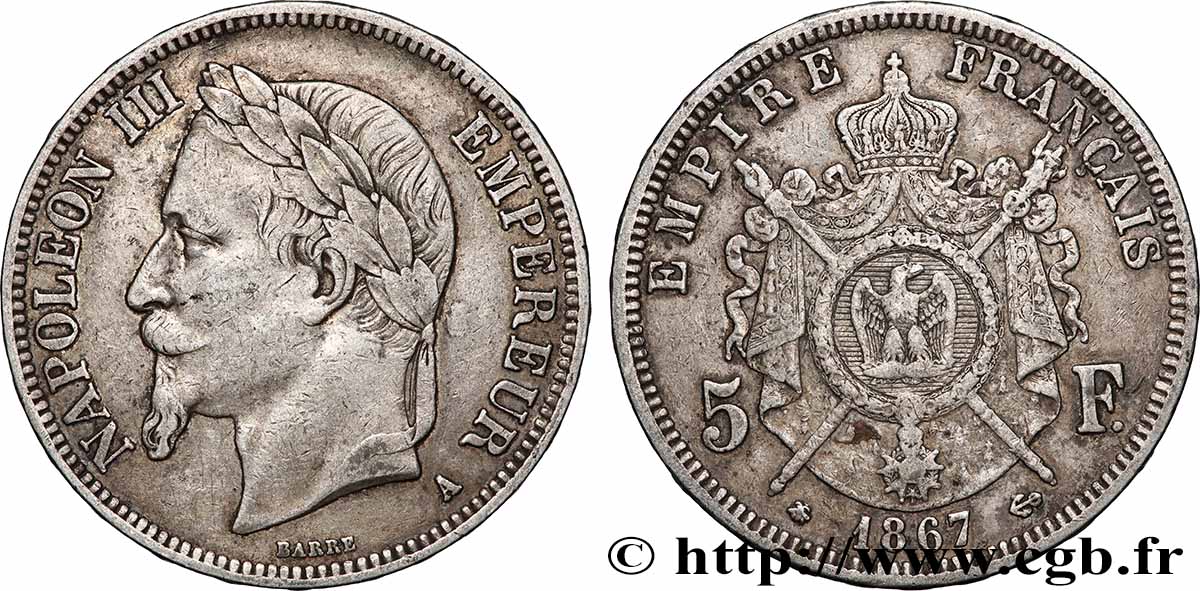 5 francs Napoléon III, tête laurée 1867 Paris F.331/10 TB+ 
