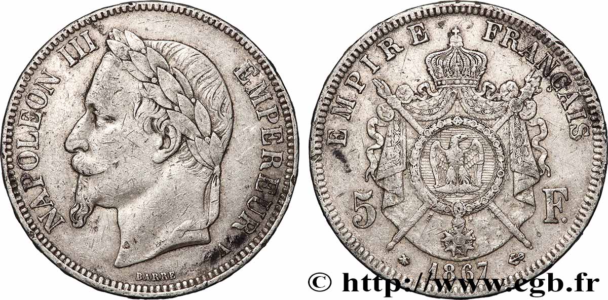 5 francs Napoléon III, tête laurée 1867 Paris F.331/10 q.BB 