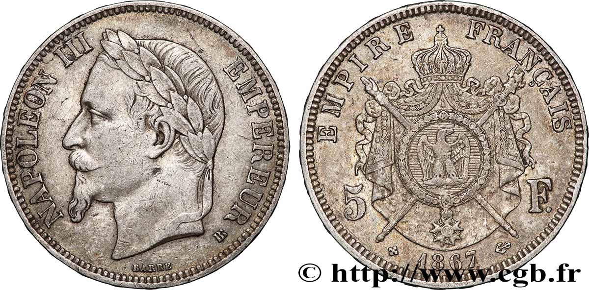 5 francs Napoléon III, tête laurée 1867 Strasbourg F.331/11 VF 