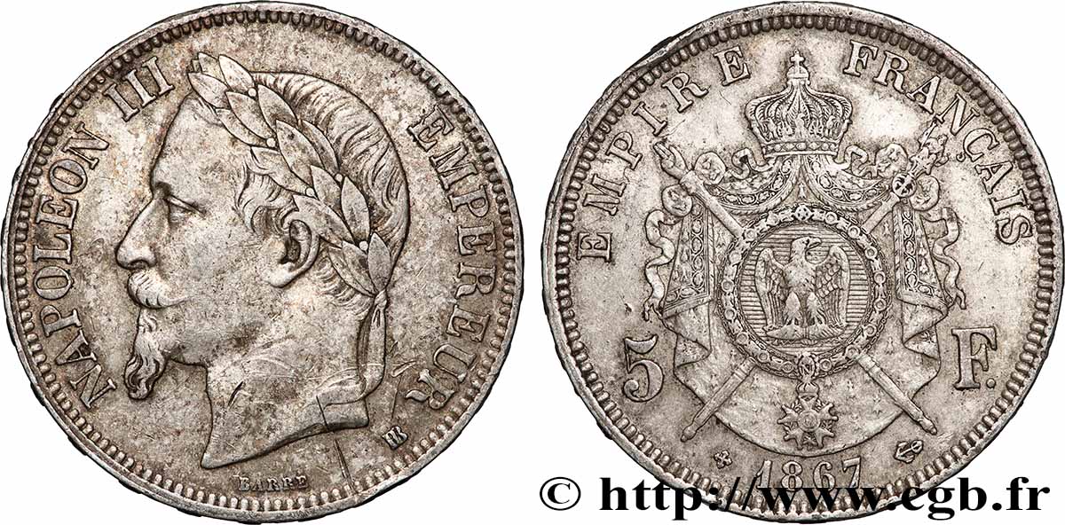 5 francs Napoléon III, tête laurée 1867 Strasbourg F.331/11 TB+ 