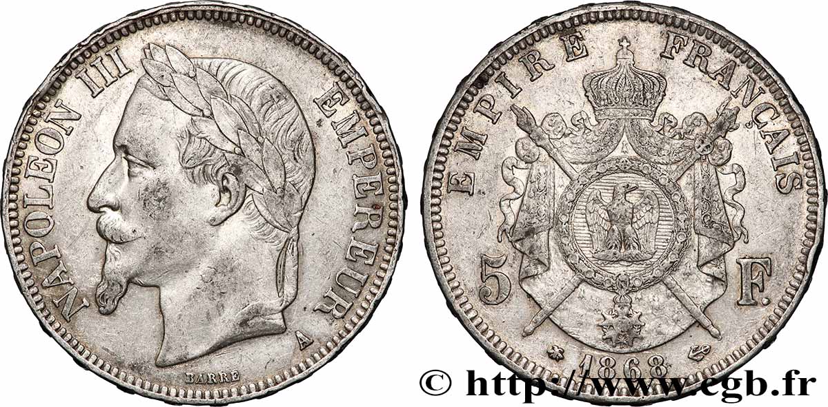 5 francs Napoléon III, tête laurée 1868 Paris F.331/12 TB+ 