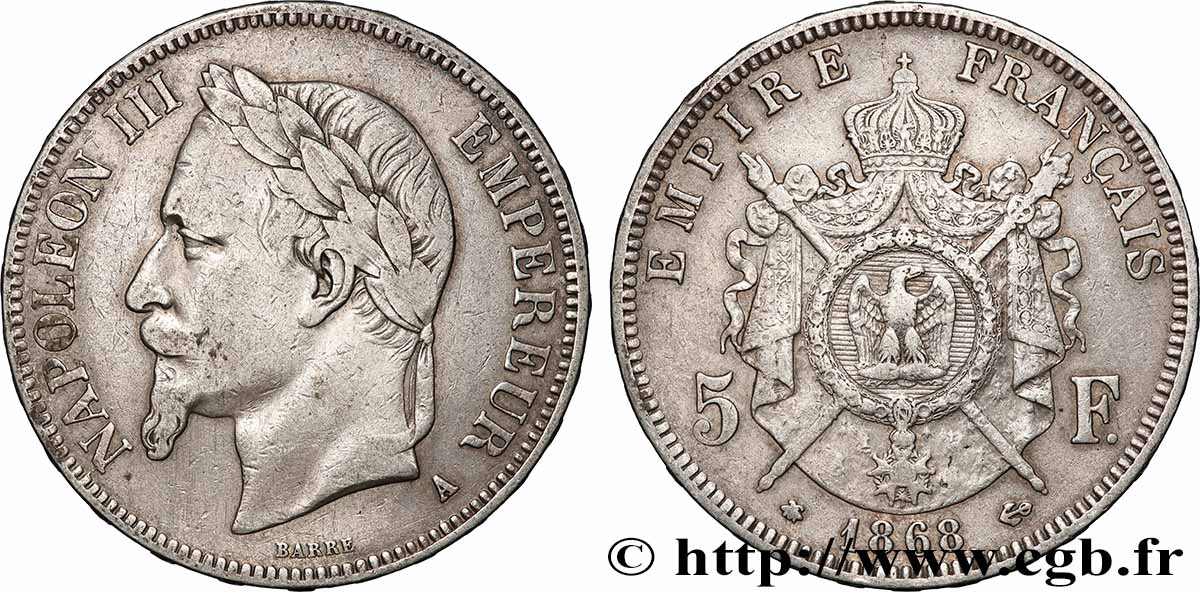 5 francs Napoléon III, tête laurée 1868 Paris F.331/12 TB 