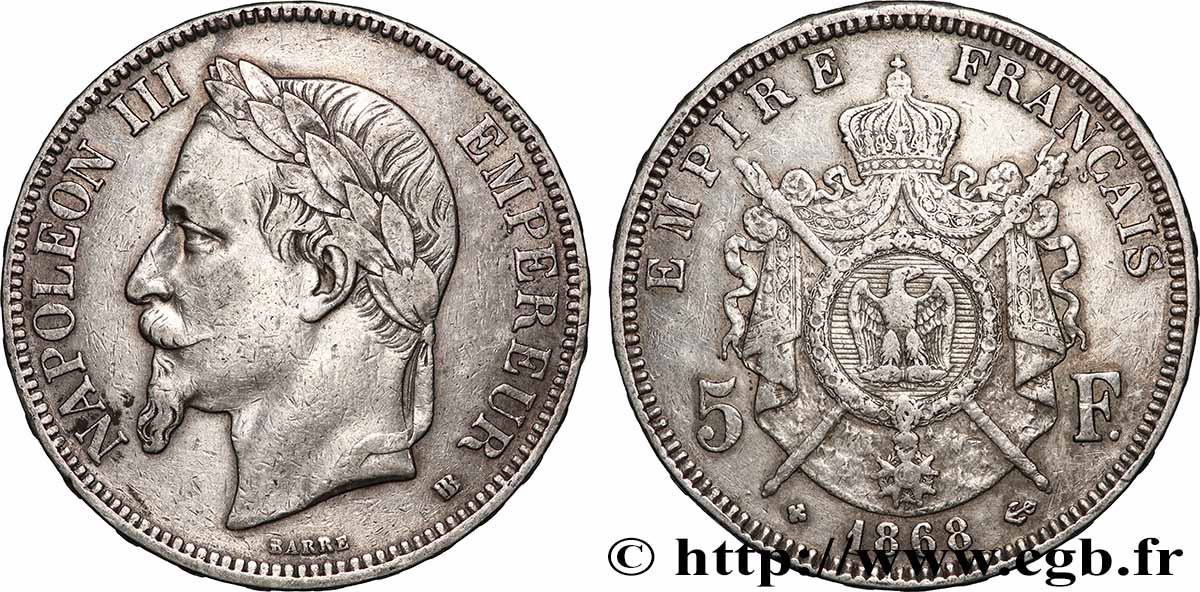5 francs Napoléon III, tête laurée 1868 Strasbourg F.331/13 TTB 
