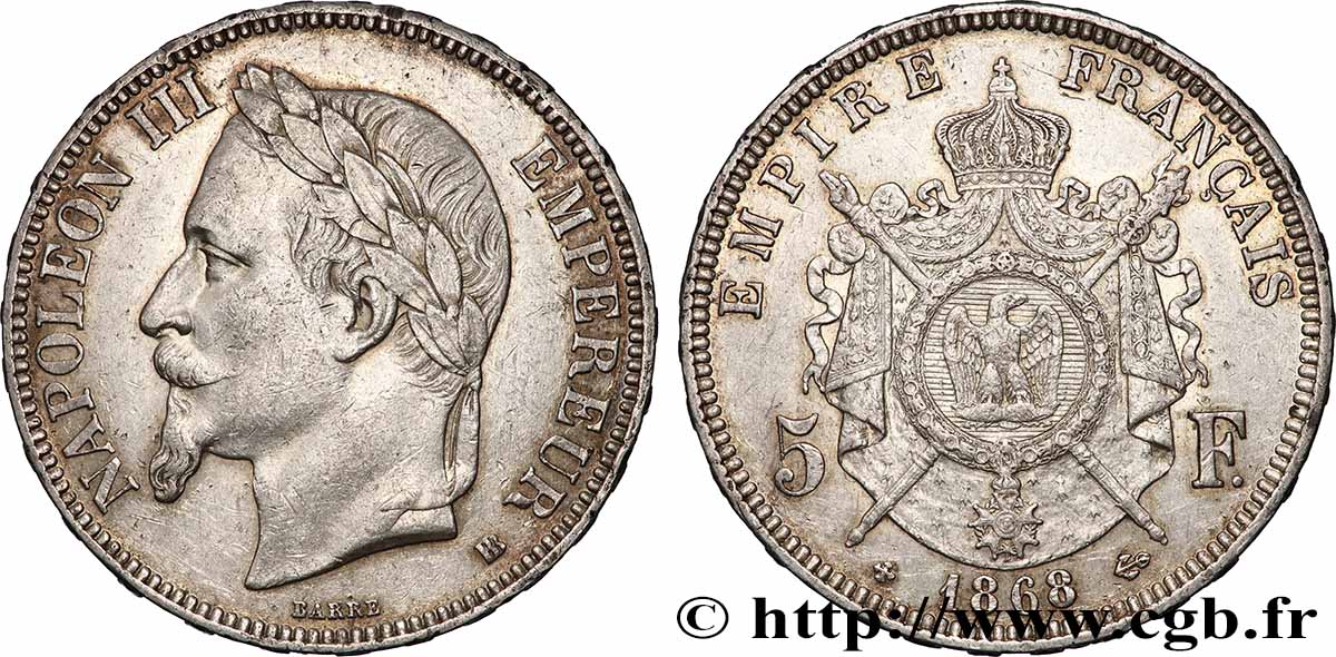5 francs Napoléon III, tête laurée 1868 Strasbourg F.331/13 XF 