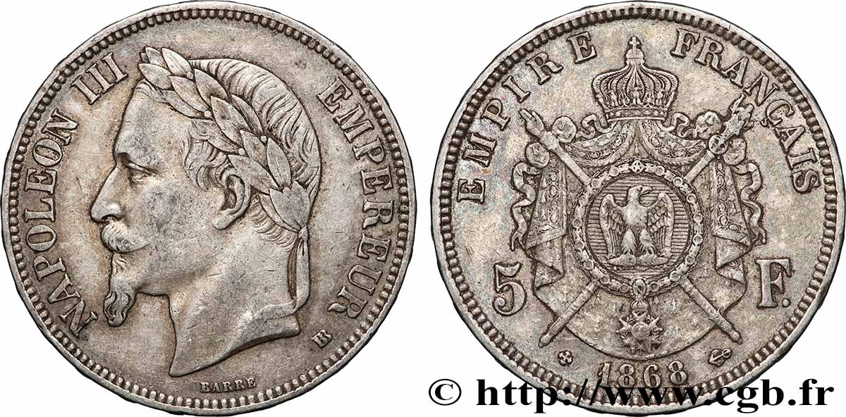 5 francs Napoléon III, tête laurée 1868 Strasbourg F.331/13 TB+ 