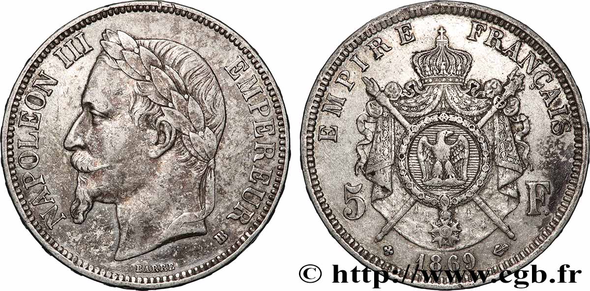 5 francs Napoléon III, tête laurée 1869 Strasbourg F.331/15 BC+ 