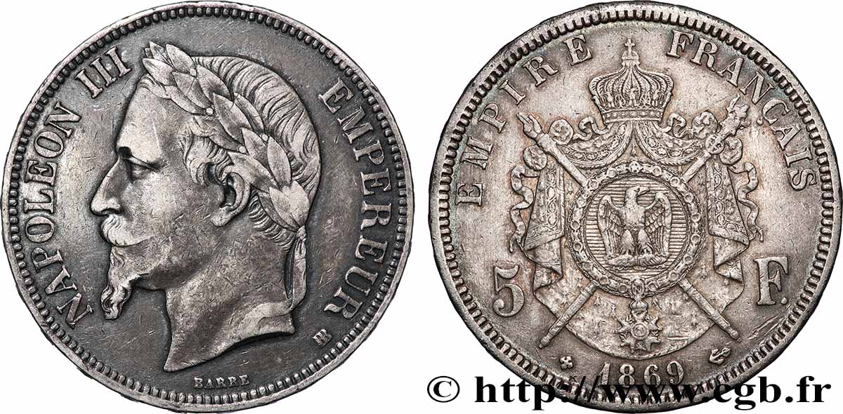 5 francs Napoléon III, tête laurée 1869 Strasbourg F.331/15 TB+ 