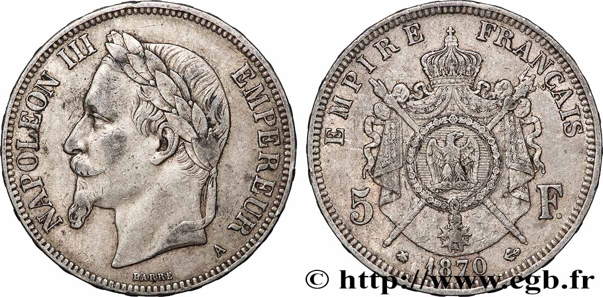 5 francs Napoléon III, tête laurée 1870 Paris F.331/16 q.BB 