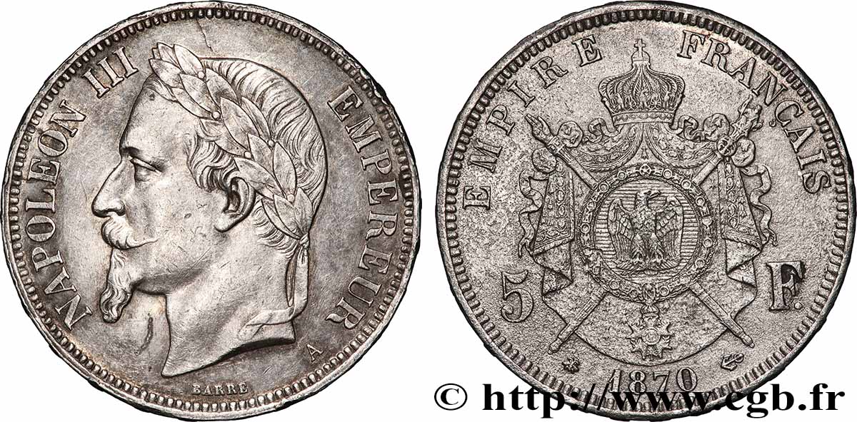5 francs Napoléon III, tête laurée 1870 Paris F.331/16 TTB+ 