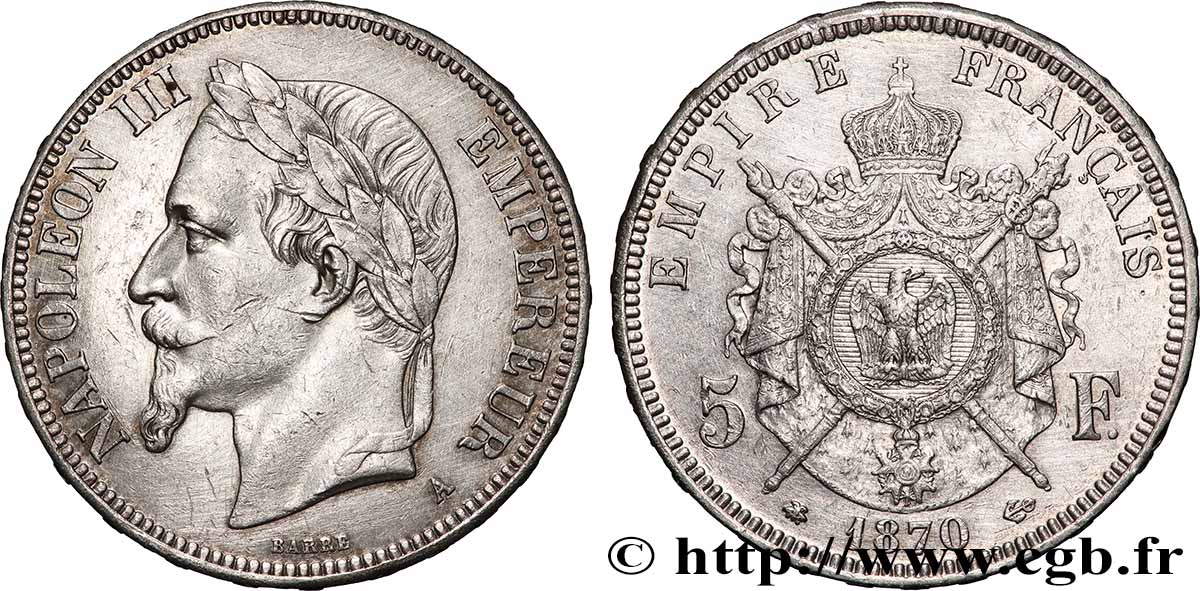 5 francs Napoléon III, tête laurée 1870 Paris F.331/16 MBC+ 