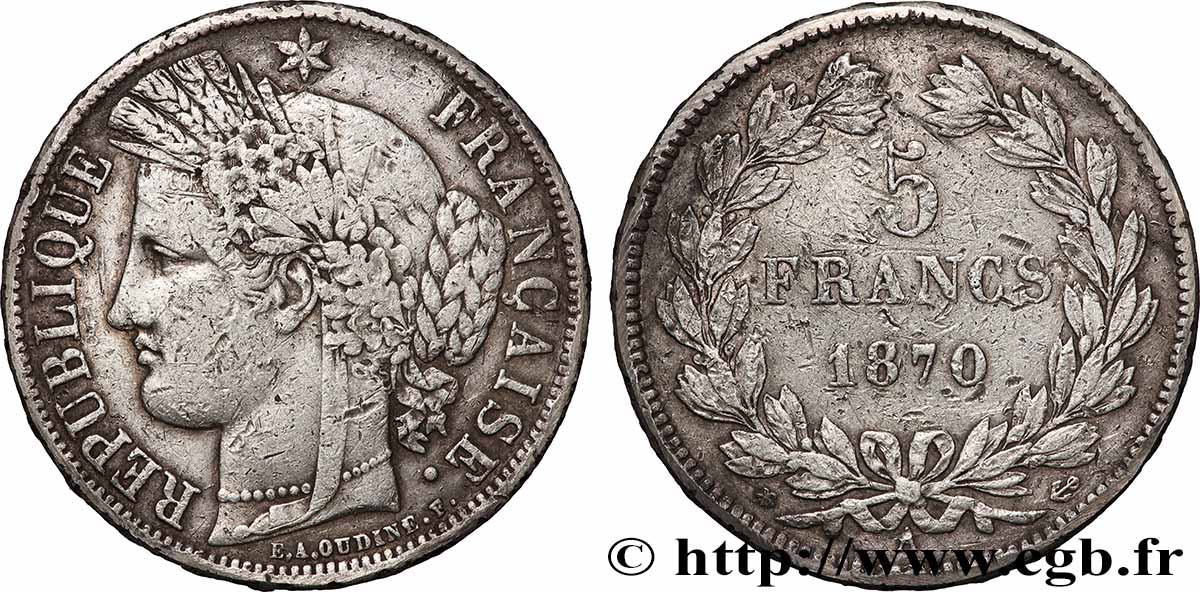 5 francs Cérès, sans légende 1870 Paris F.332/1 TB 