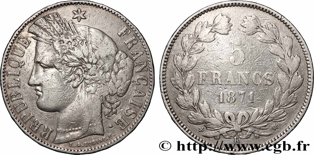 5 francs Cérès, sans légende 1871 Bordeaux F.332/8 BC 