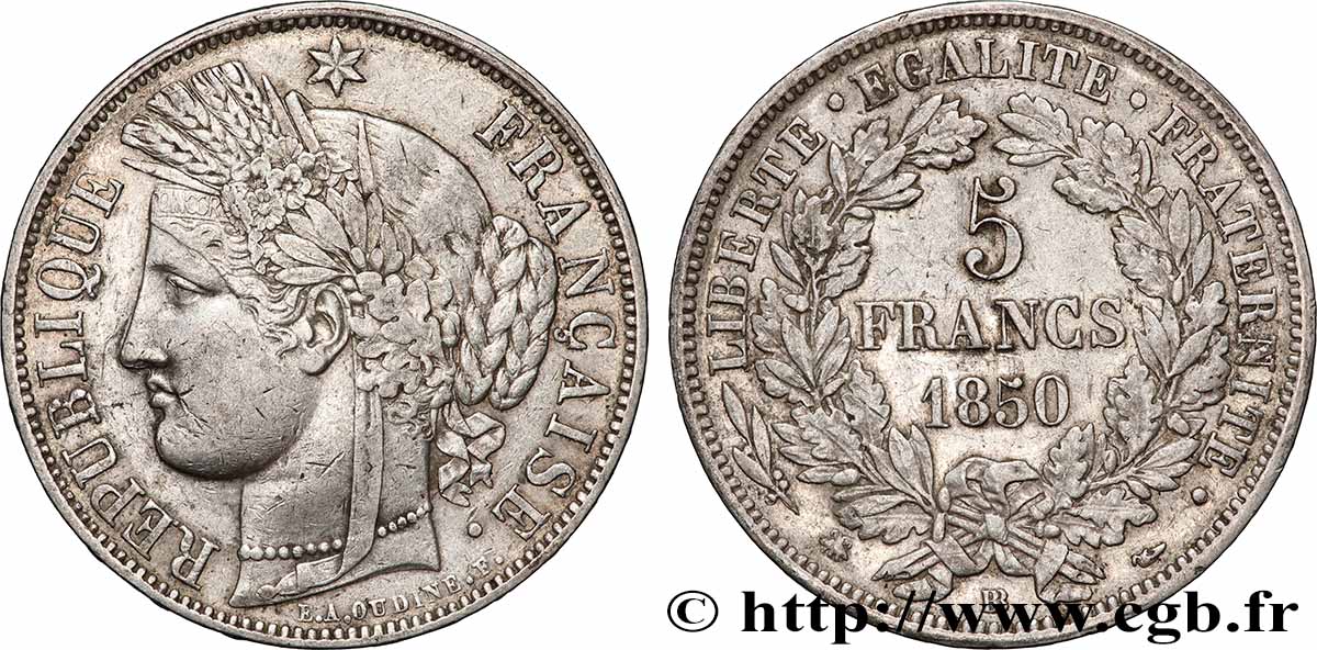 5 francs Cérès, IIe République 1850 Strasbourg F.327/5 TTB 