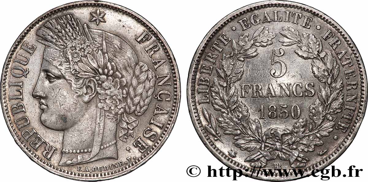 5 francs Cérès, IIe République 1850 Strasbourg F.327/5 TTB 