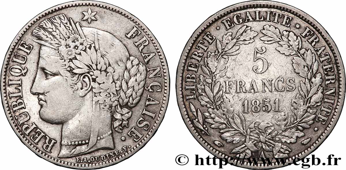 5 francs Cérès, IIe République 1851 Paris F.327/7 TB 