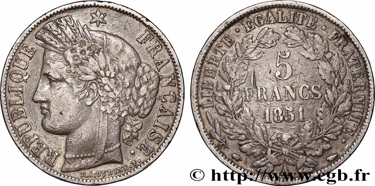 5 francs Cérès, IIe République 1851 Paris F.327/7 TB 
