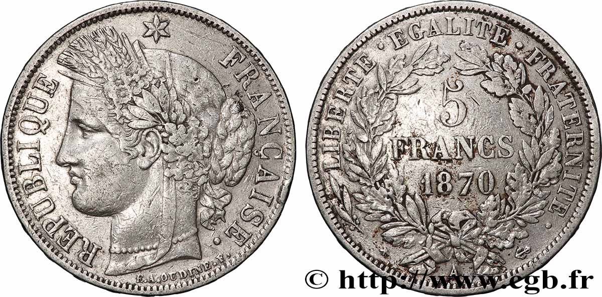 5 francs Cérès, avec légende 1870 Paris F.333/1 TB+ 