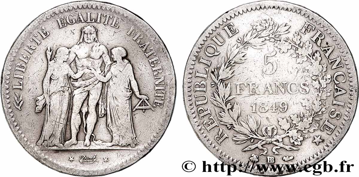 5 francs Hercule, IIe République 1849 Strasbourg F.326/6 TB 