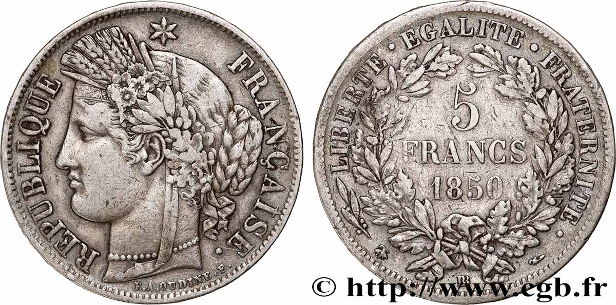 5 francs Cérès, IIe République 1850 Strasbourg F.327/5 TTB 