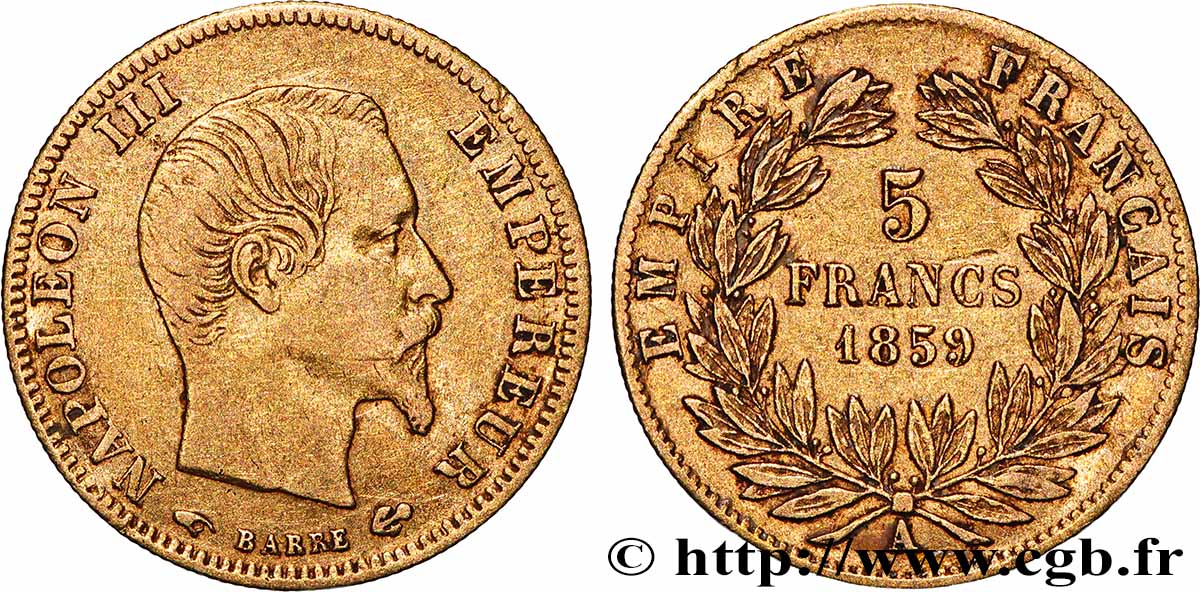 5 francs or Napoléon III, tête nue, grand module 1859 Paris F.501/7 TB 