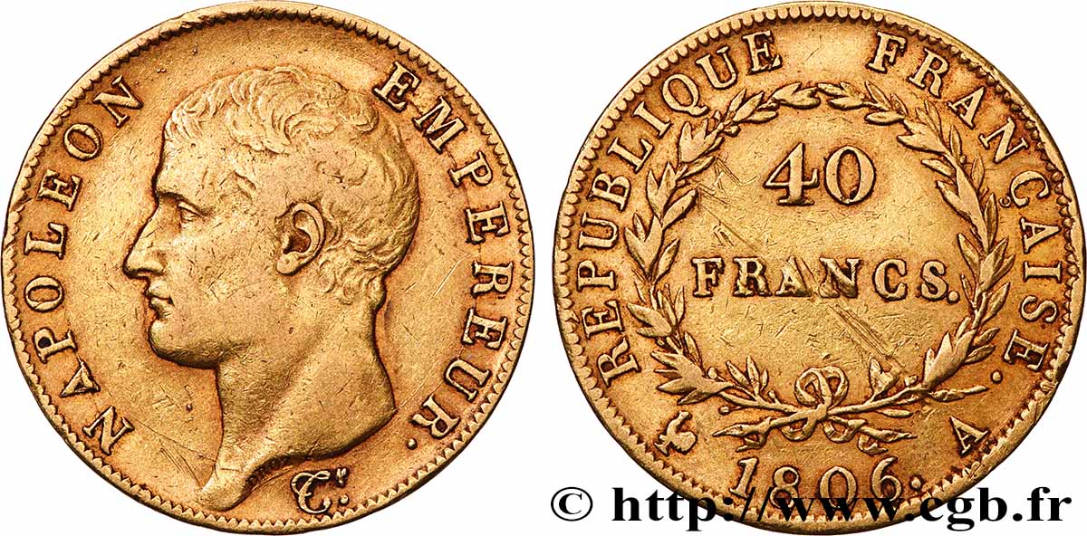 40 francs or Napoléon tête nue, Calendrier grégorien 1806 Paris F.538/1 TB+ 