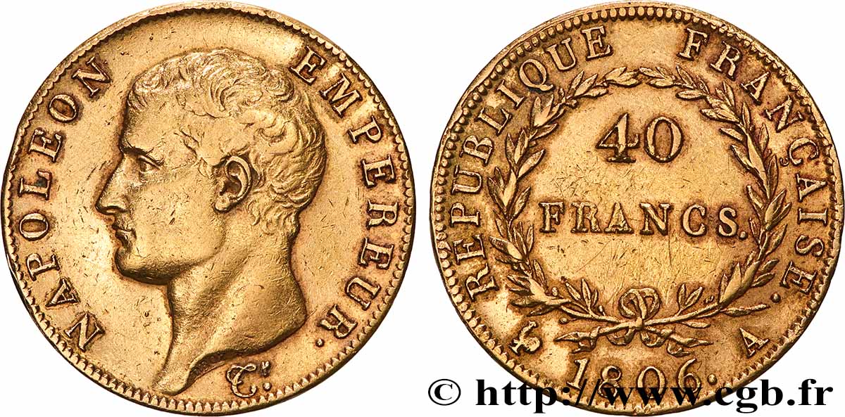 40 francs or Napoléon tête nue, Calendrier grégorien 1806 Paris F.538/1 TB+ 