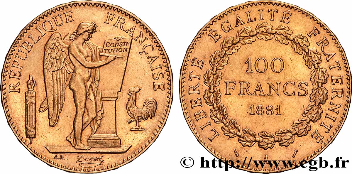 100 francs or Génie, tranche inscrite en relief Dieu protège la France 1881 Paris F.552/4 SUP 