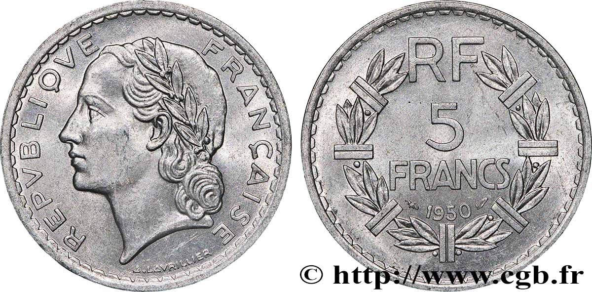 5 francs Lavrillier, aluminium 1950  F.339/20 SPL 