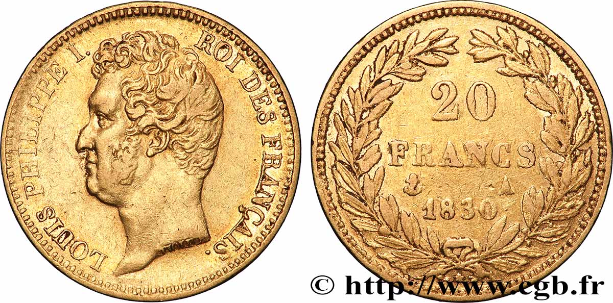 20 francs or Louis-Philippe, Tiolier, tranche inscrite en creux 1830 Paris F.524/1 BB 