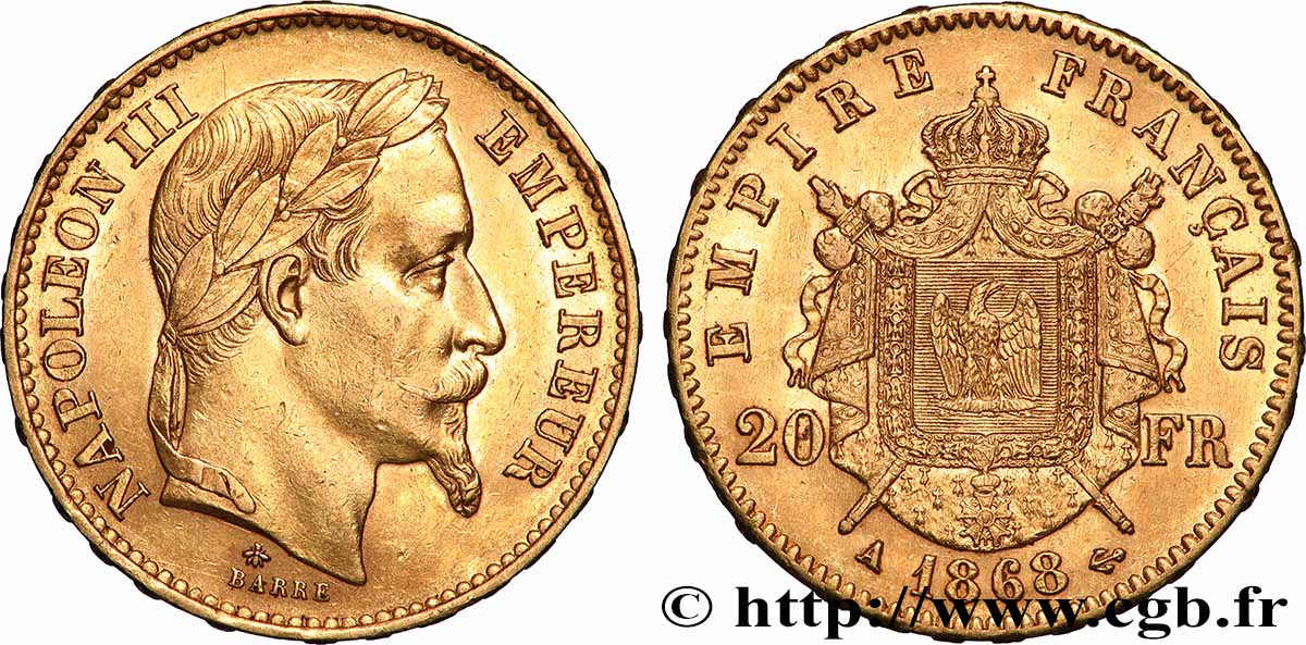 20 francs or Napoléon III, tête laurée 1868 Paris F.532/18 SUP 