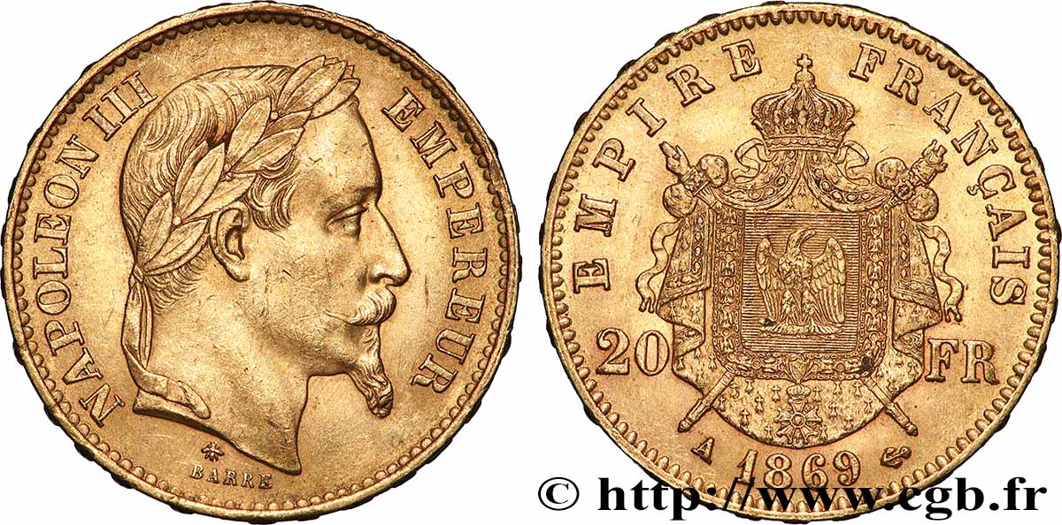 20 francs or Napoléon III, tête laurée 1869 Paris F.532/20 SUP 