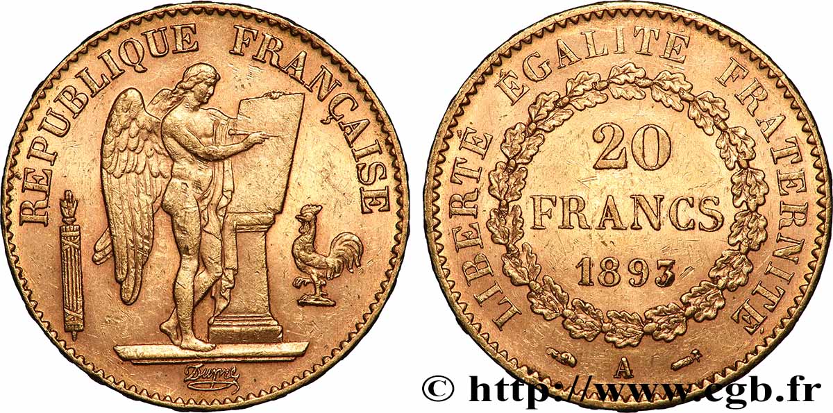 20 francs or Génie, Troisième République 1893 Paris F.533/17 MBC+ 