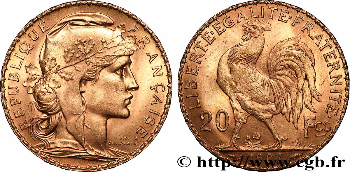 20 francs or Coq, Liberté Égalité Fraternité 1907 Paris F.535/1 AU 