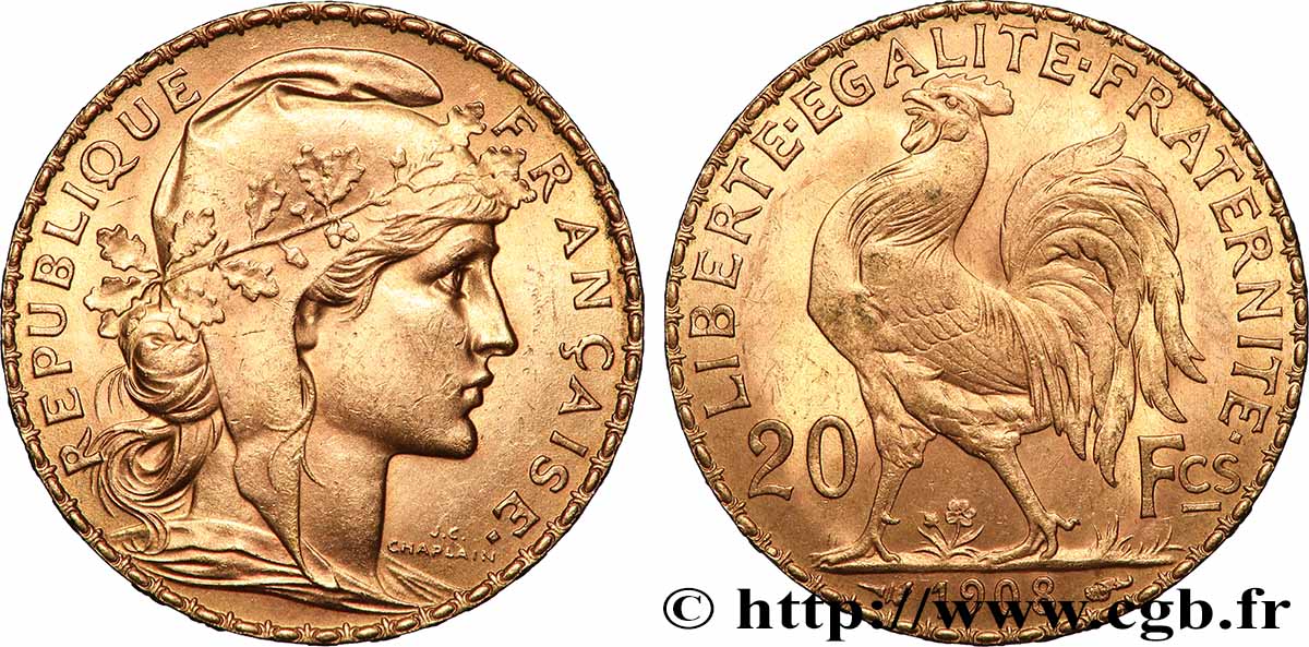 20 francs or Coq, Liberté Égalité Fraternité 1908 Paris F.535/2 AU 