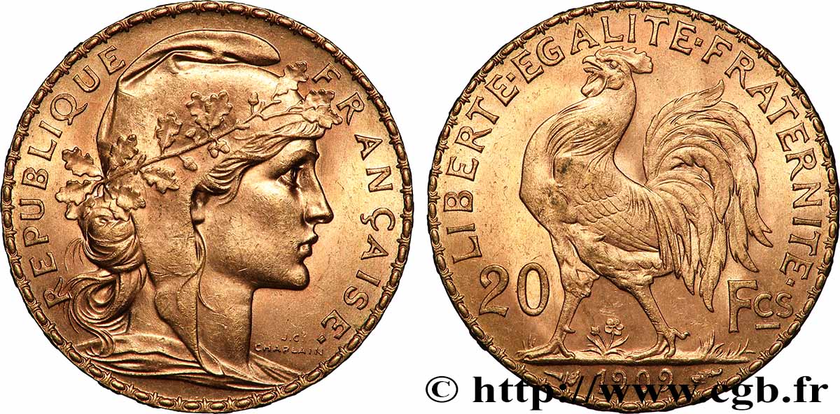 20 francs or Coq, Liberté Égalité Fraternité 1909 Paris F.535/3 AU 