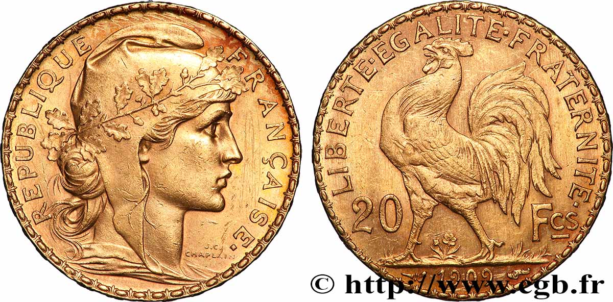 20 francs or Coq, Liberté Égalité Fraternité 1909 Paris F.535/3 q.SPL 