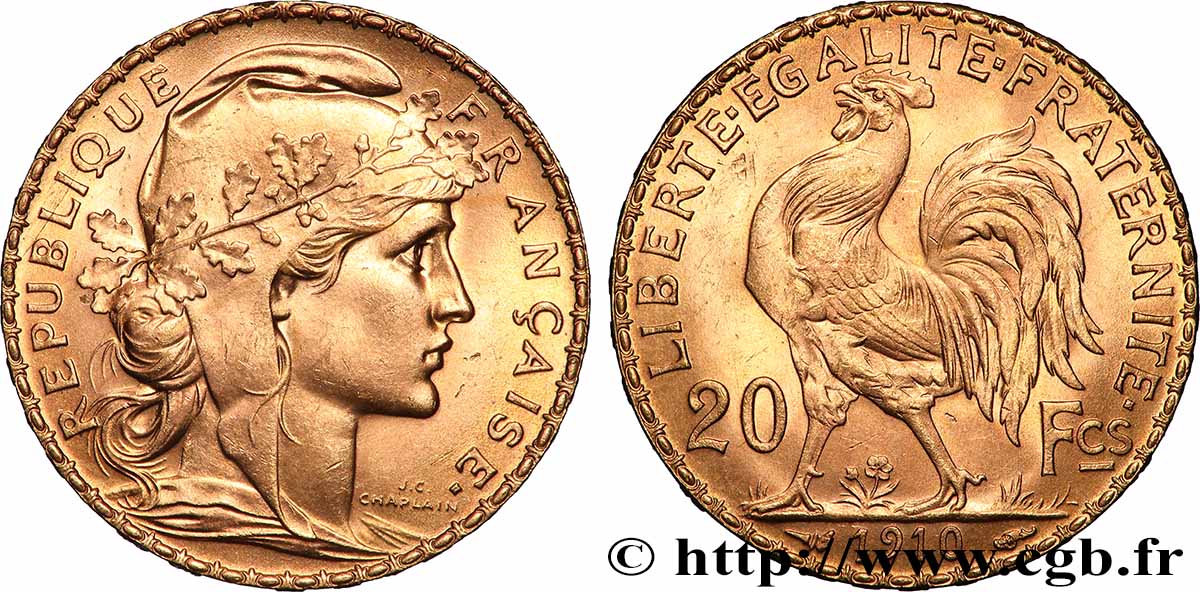 20 francs or Coq, Liberté Égalité Fraternité 1910 Paris F.535/4 VZ 
