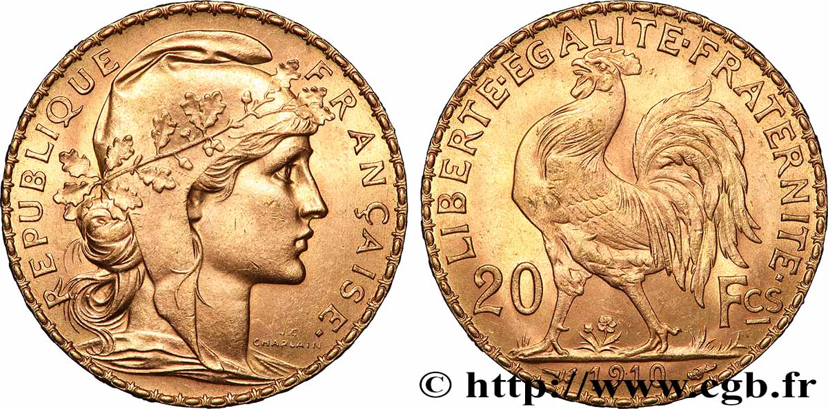 20 francs or Coq, Liberté Égalité Fraternité 1910 Paris F.535/4 VZ 