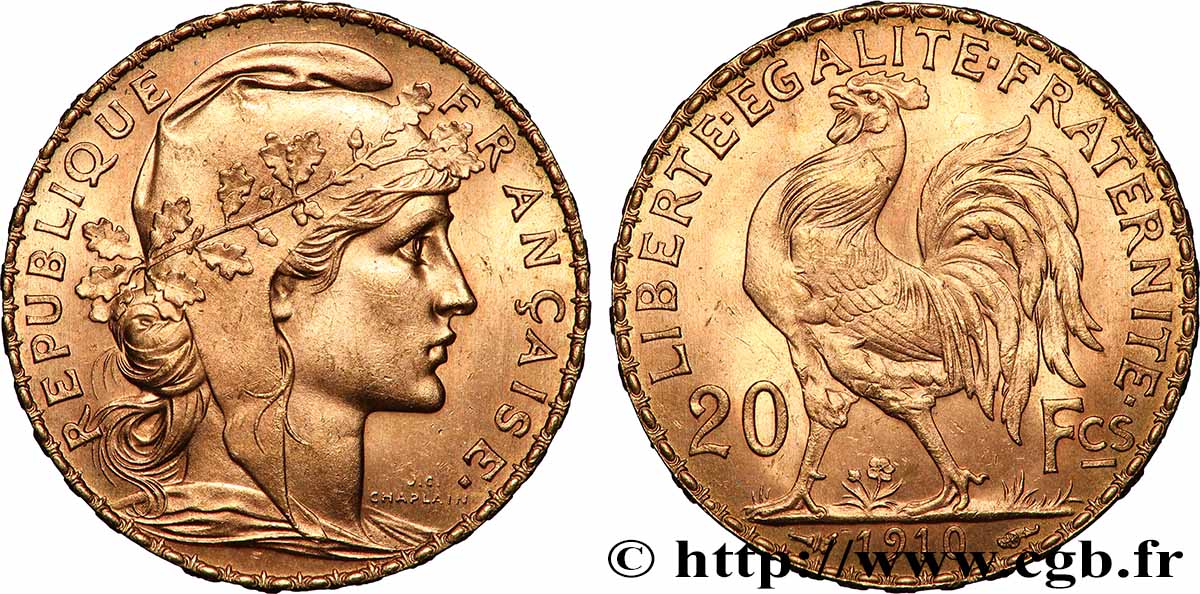 20 francs or Coq, Liberté Égalité Fraternité 1910 Paris F.535/4 EBC 