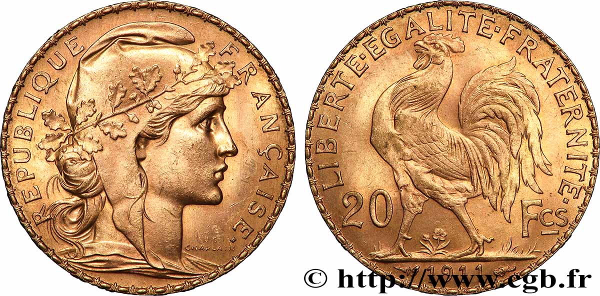 20 francs or Coq, Liberté Égalité Fraternité 1911 Paris F.535/5 VZ 