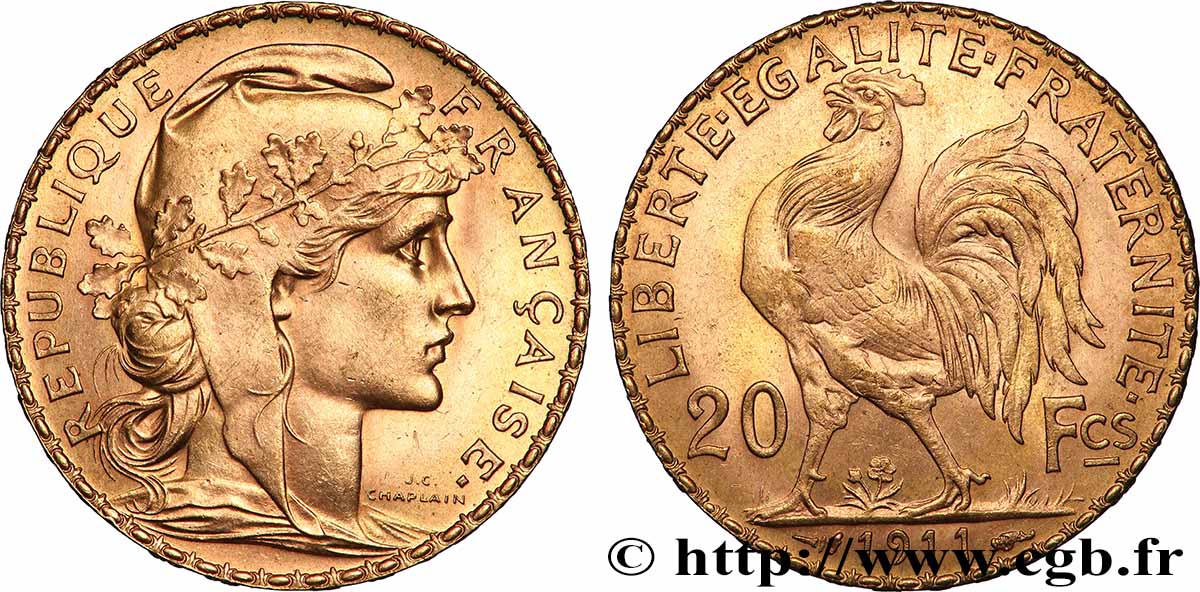 20 francs or Coq, Liberté Égalité Fraternité 1911 Paris F.535/5 AU 