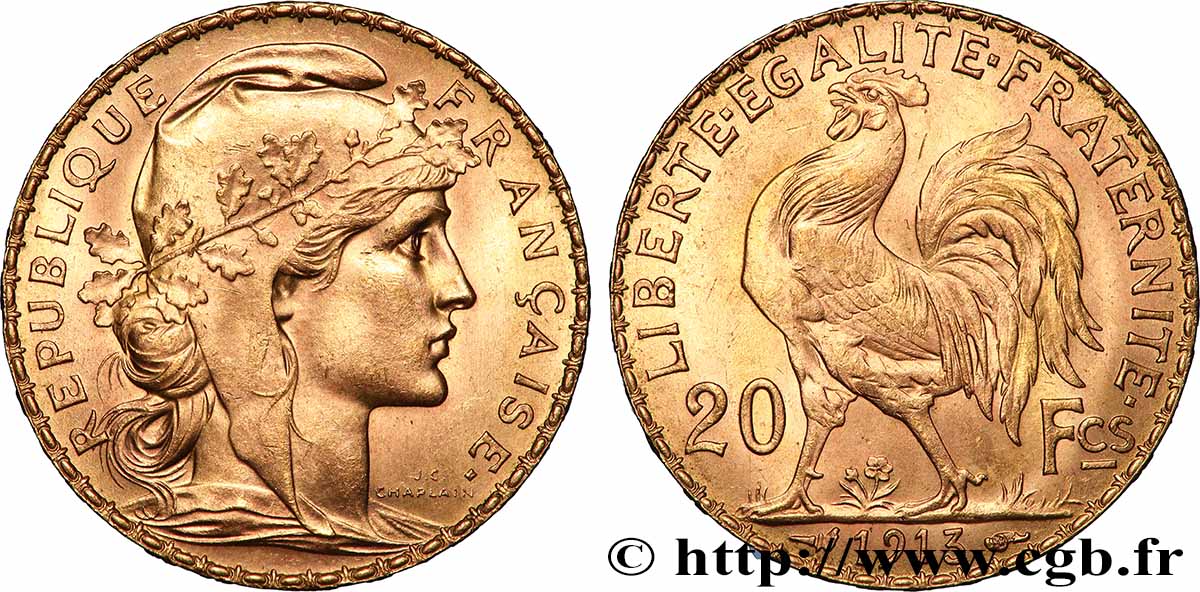 20 francs or Coq, Liberté Égalité Fraternité 1913 Paris F.535/7 AU 